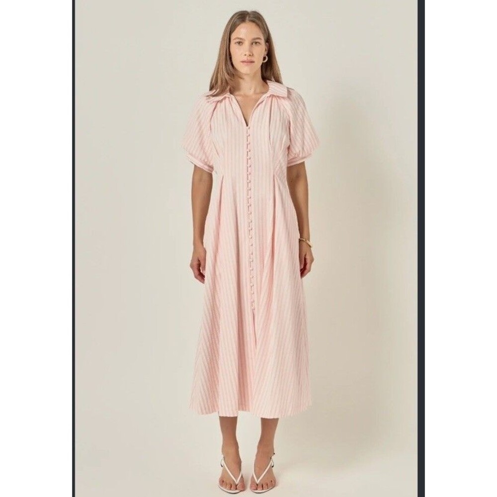 Entro M Stripe Dress Seersucker Midi Pink Preppy Coquette Button Front Pleated